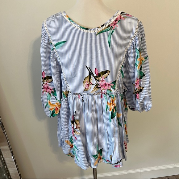 Oddi Blue Stripe Floral Peasant Blouse 1X Tassel Tie top shirt boho - Picture 2 of 6